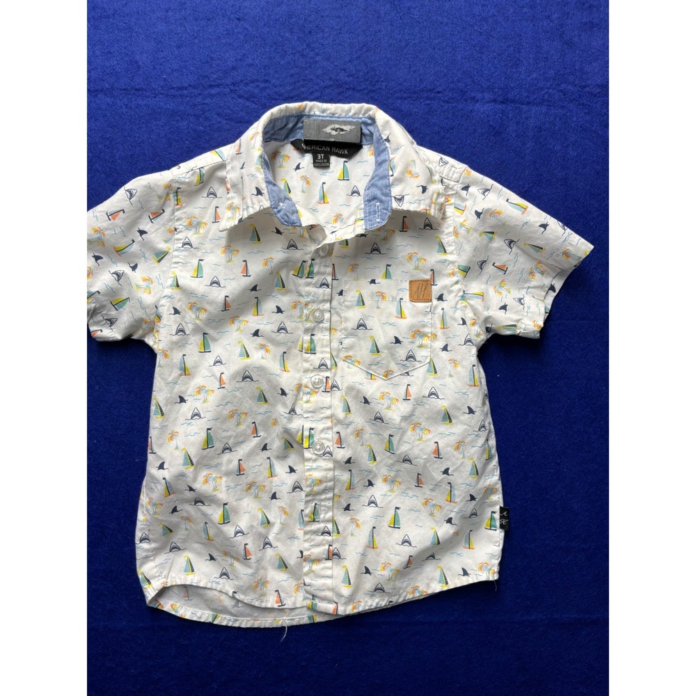 Nautical Toddler Boys American Hawk Button Down Shirt 3T White Sailboat Shark‎